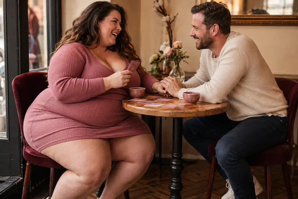 Een volle vrouw en man lachen samen tijdens een datingspel