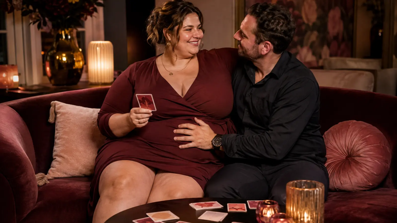 Een volle vrouw en haar date spelen samen met warme gesprekskaarten