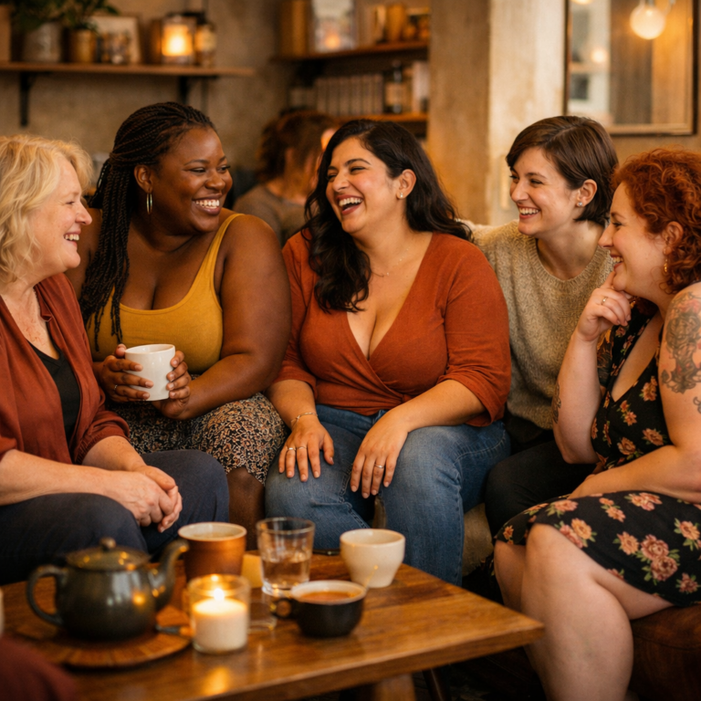 Warme body-positive community waarin volwassenen samen praten en lachen in een veilige, stijlvolle setting