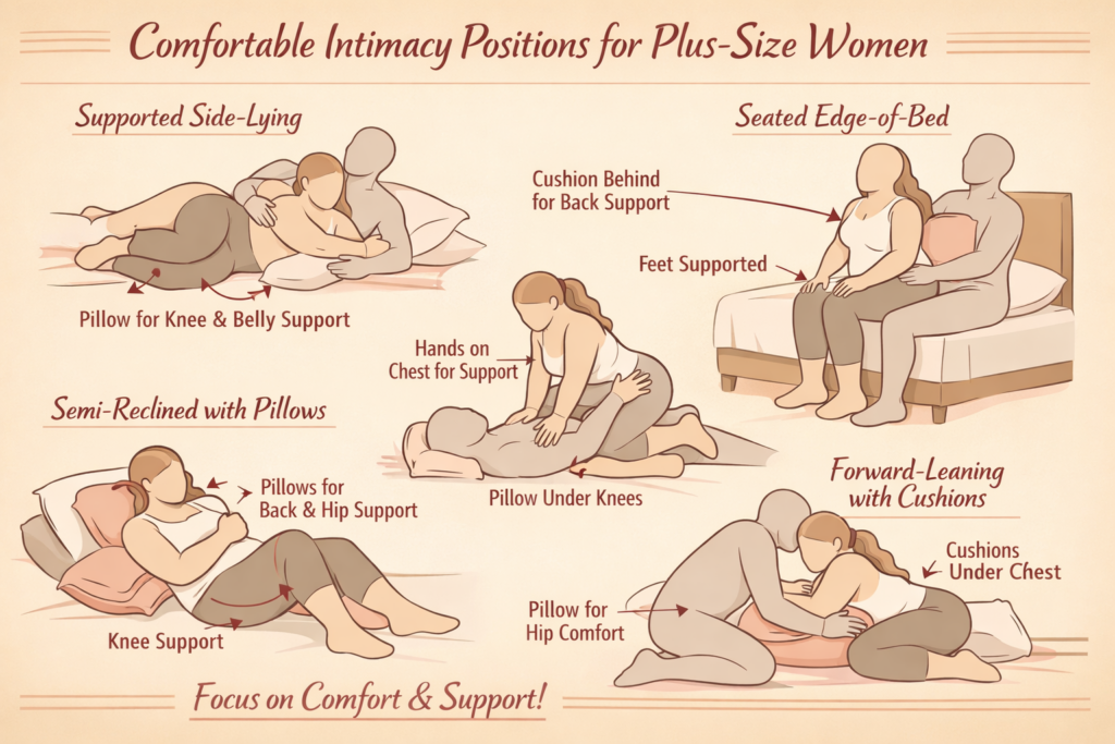 Handige standjes voor dikke vrouwen met minder druk op buik of knieën – schematische body-positive illustratie met steunpunten en kussens