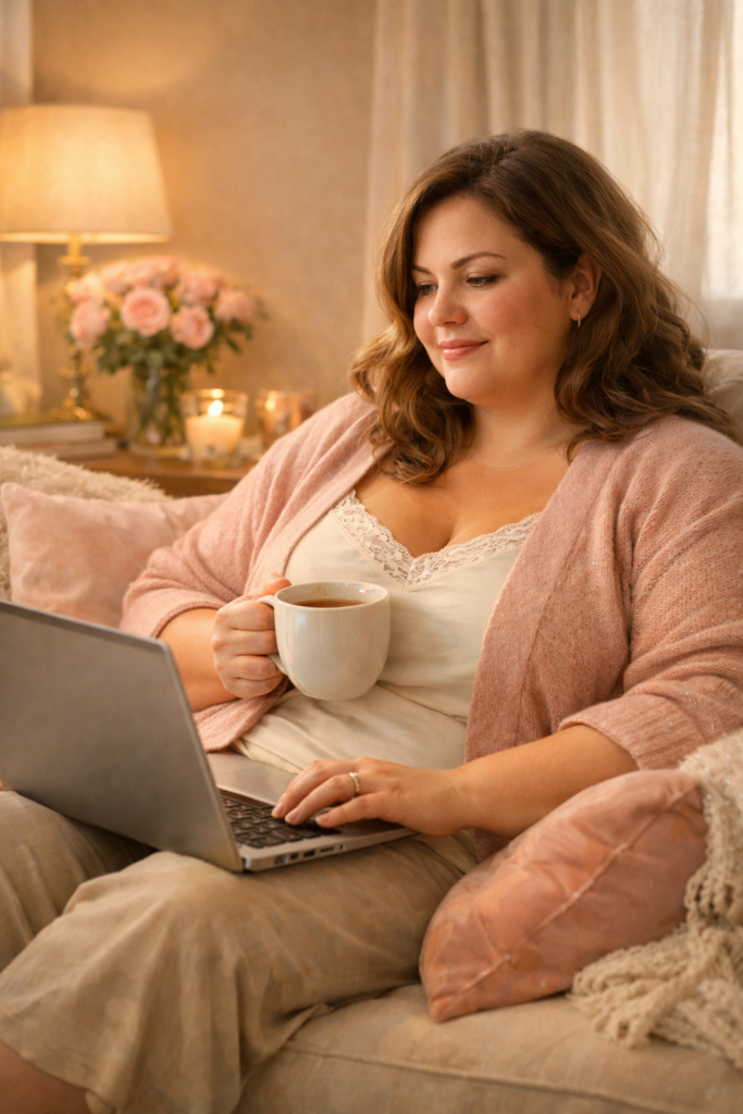 Volle vrouw leest ontspannen mee op een warme online communitypagina van ZachteVonk