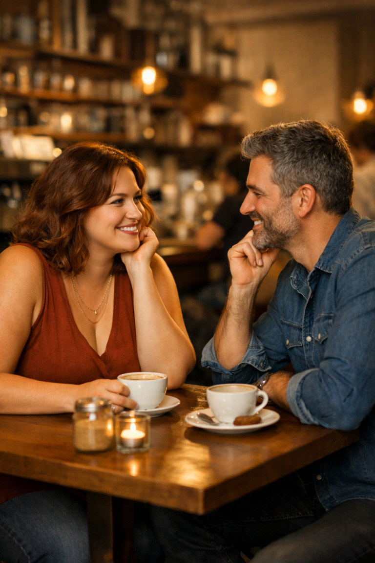 Volwassen man en vrouw op een warme eerste date in een stijlvolle koffiebar met ontspannen lichaamstaal en veilige, respectvolle sfeer