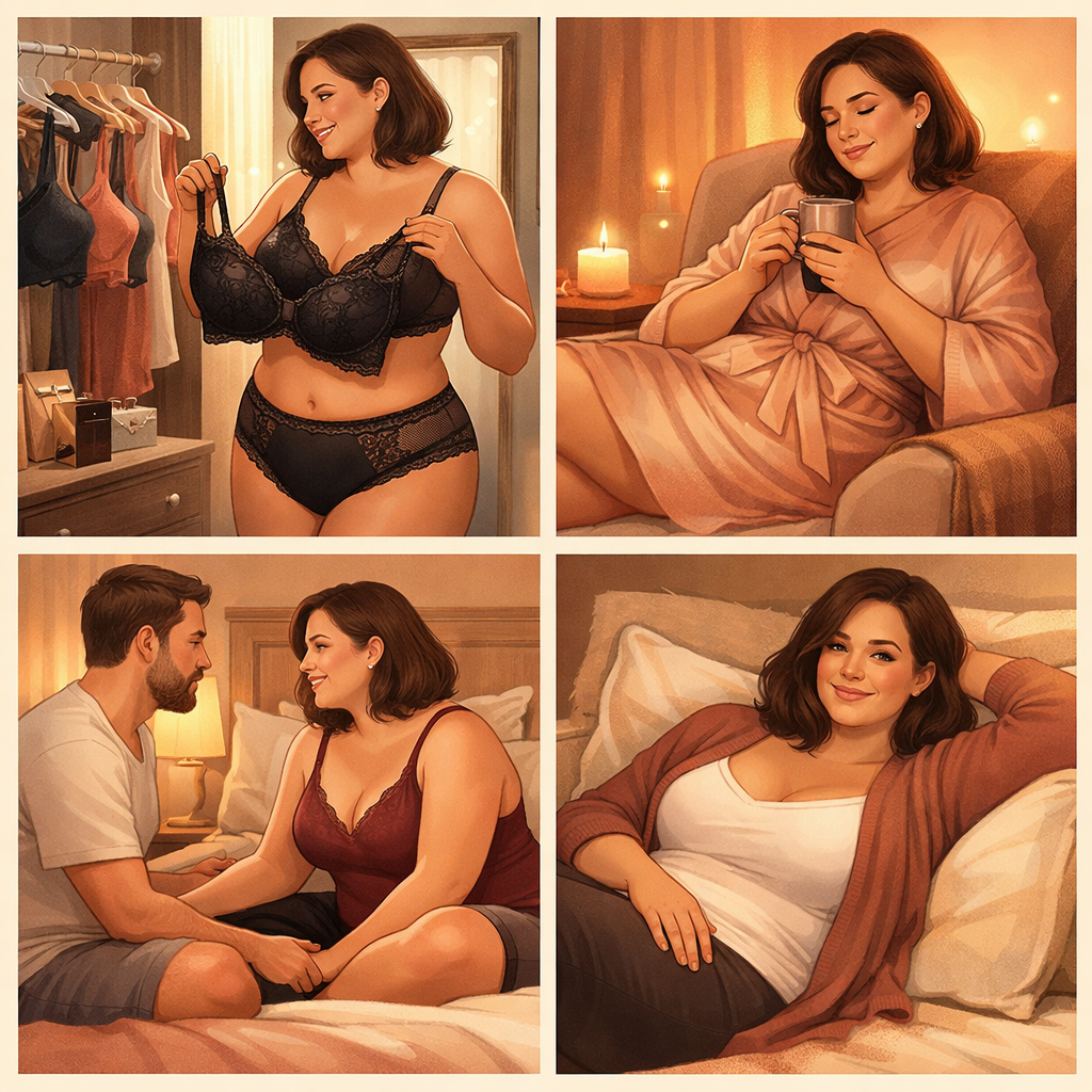 Zelfverzekerd vrijen als volle vrouw – warme body-positive illustratie over intimiteit, comfort en zelfvertrouwen