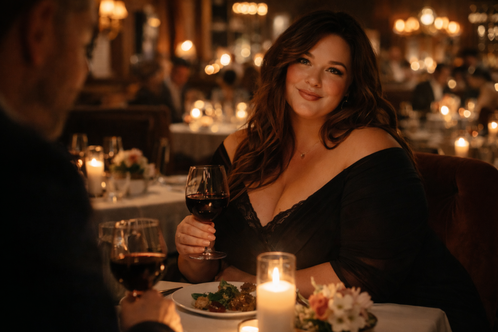 Curvy vrouw tijdens een romantisch diner met warme sfeer en stijlvolle uitstraling