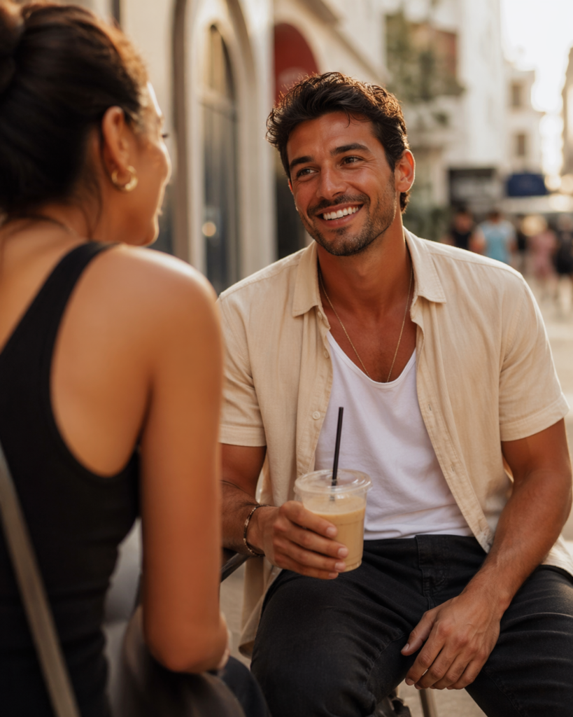 Vrolijke volwassen man in een casual stijlvolle outfit tijdens een eerste date met plezierige en ontspannen sfeer