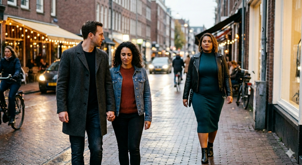 Partner houdt hand vast van zijn vrouw terwijl hij kijkt naar een aantrekkelijke volle vrouw in strakke kleding