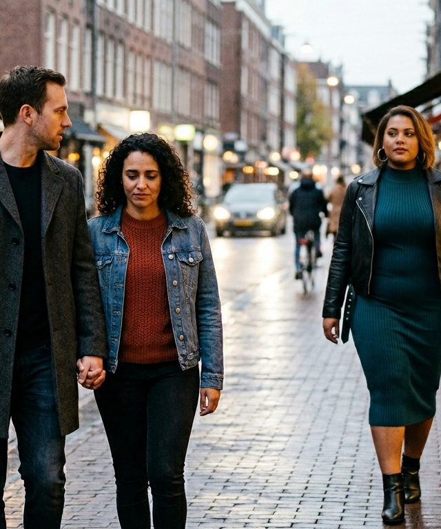 Partner houdt hand vast van zijn vrouw terwijl hij kijkt naar een aantrekkelijke volle vrouw in strakke kleding