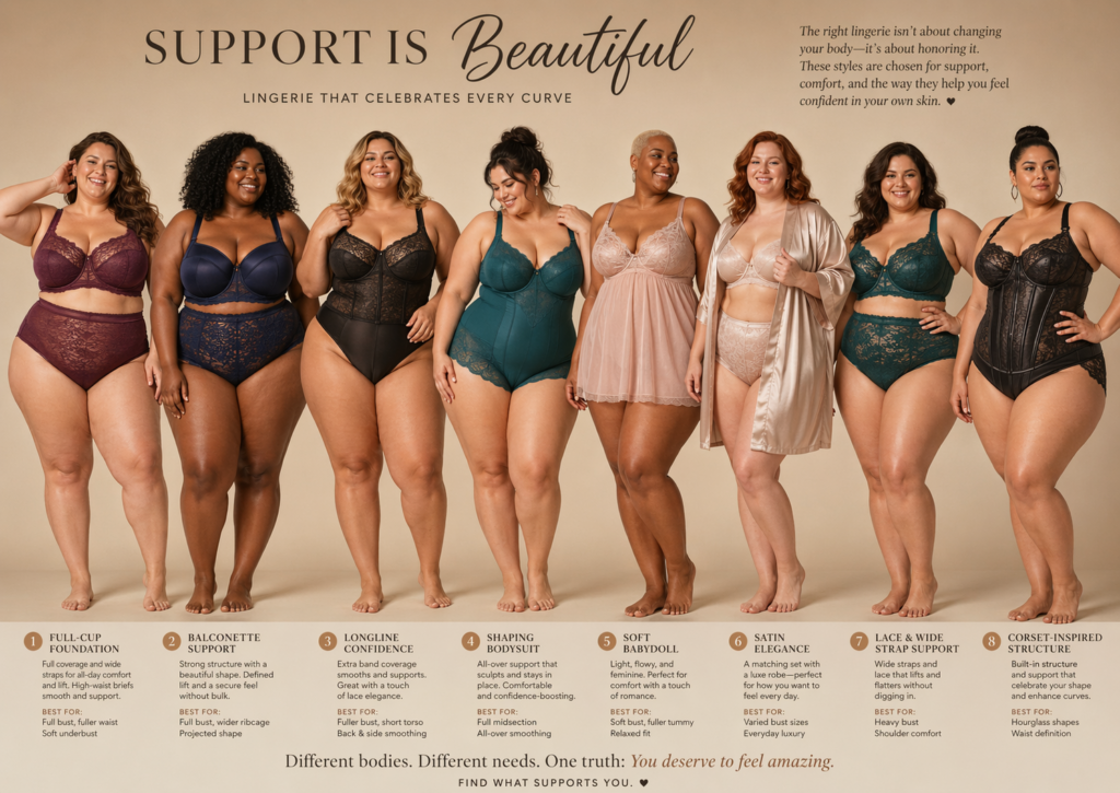 Stijlvolle body-positive lingerie afbeelding met curvy vrouwen in verschillende ondersteunende en vrouwelijke ondergoedstijlen voor comfort en zelfvertrouwen