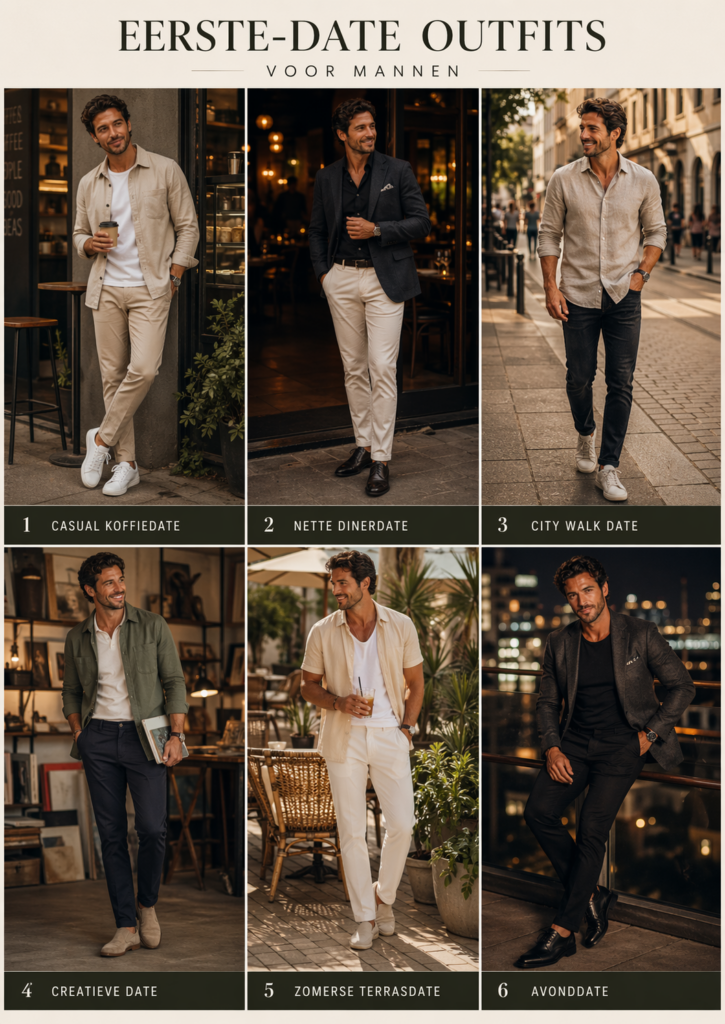 Overzicht van verschillende eerste-date stijlen voor mannen, van casual tot smart casual en avondkleding