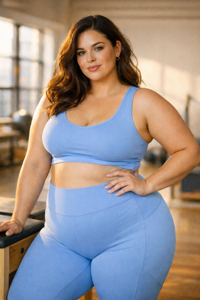 Volle vrouw in strakke gymwear met high-waist legging in stijlvolle fitnesssetting