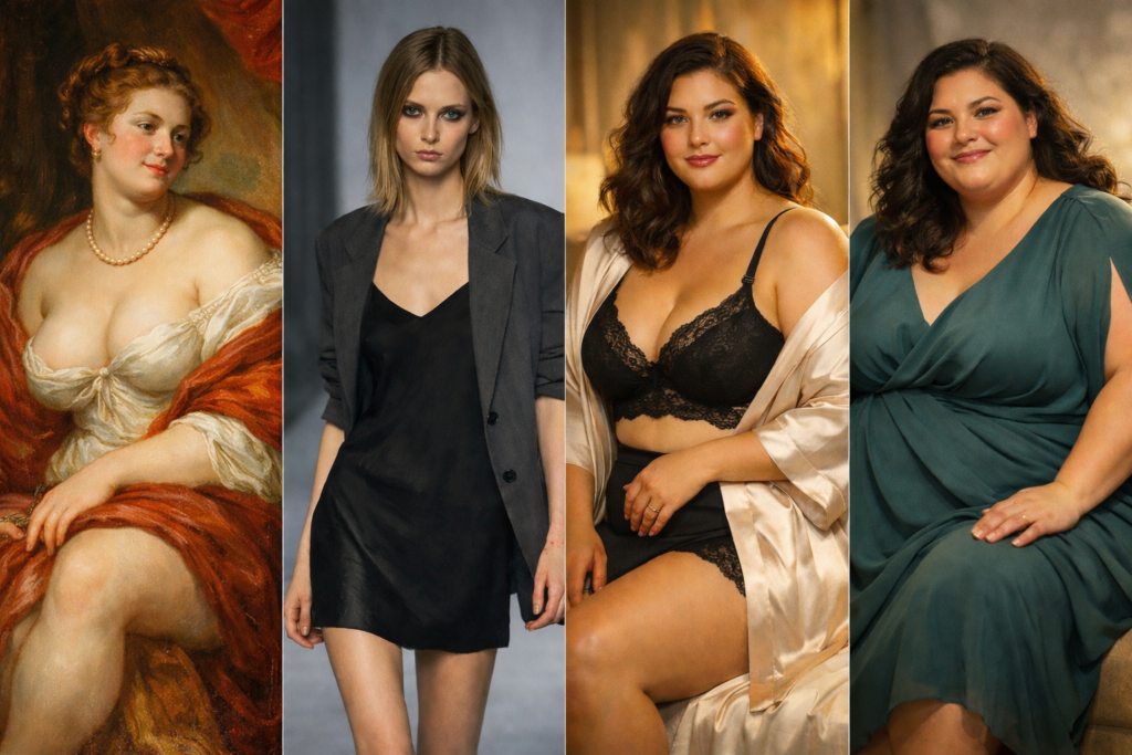 Rubens-geïnspireerde volle vrouw, heroin-chic silhouet, voluptueuze plus-size vrouw en superplus-size vrouw in stijlvolle redactionele collage