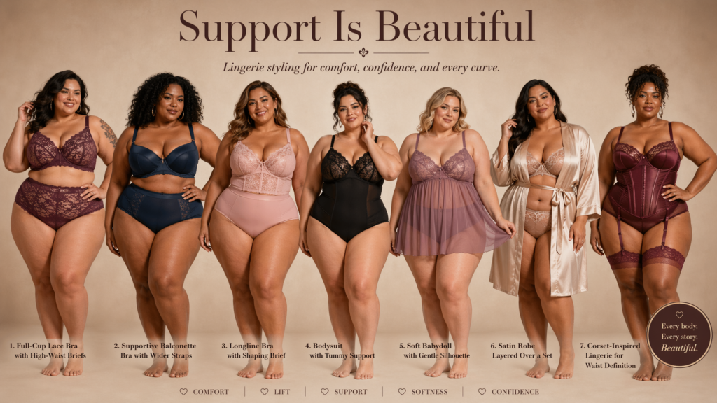 Keuzegids met verschillende soorten lingerie en shapewear voor curvy vrouwen die zich sexy, sterk en ontspannen willen voelen op een eerste date