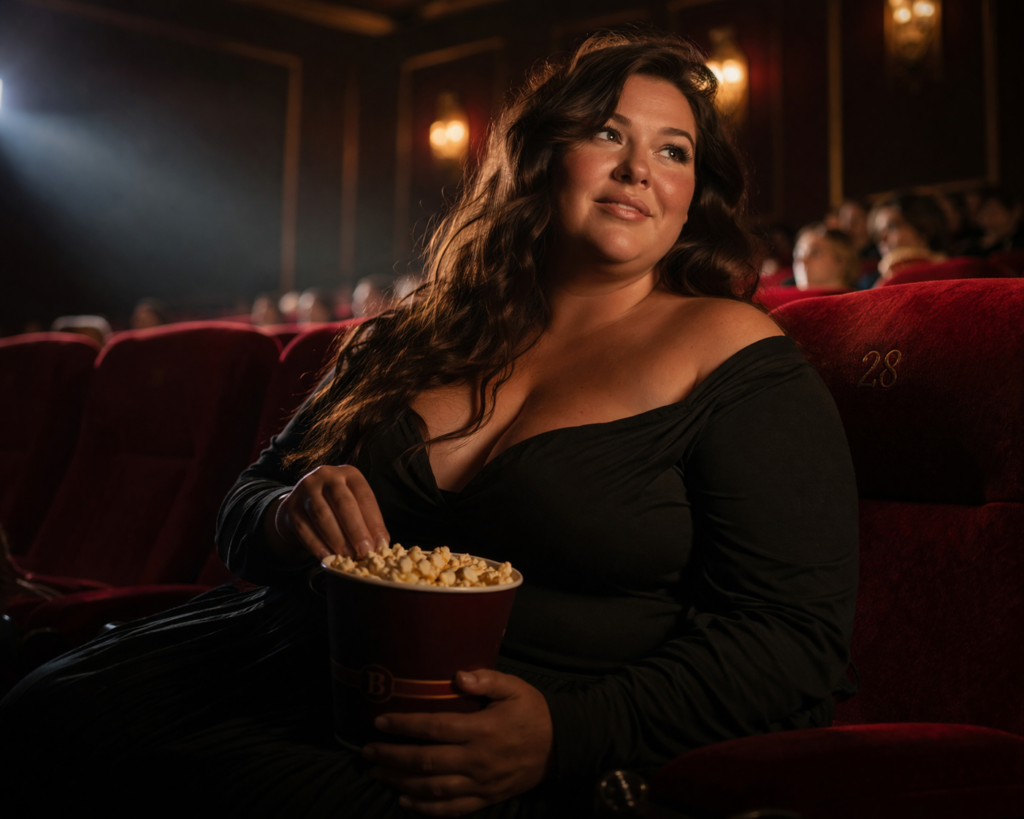 Zeer volle vrouw in een romantische donkere bioscoopsetting met warme sensuele sfeer