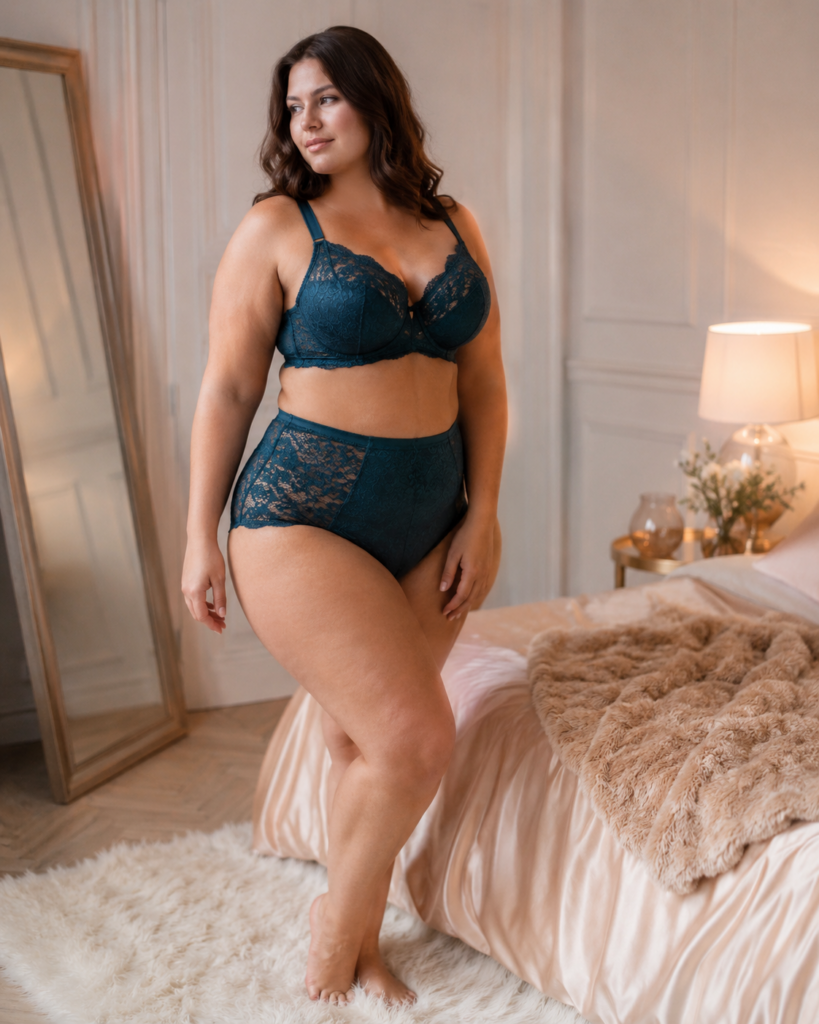 Deze tweedelige lingerieset met hoge taille laat zien waarom kant en een flatterende pasvorm zo geliefd zijn bij volle vrouwen. De combinatie van ondersteuning, zachtheid en vrouwelijkheid maakt dit een perfecte stijl om mee te nemen in de poll over favoriete boudoir lingerie.