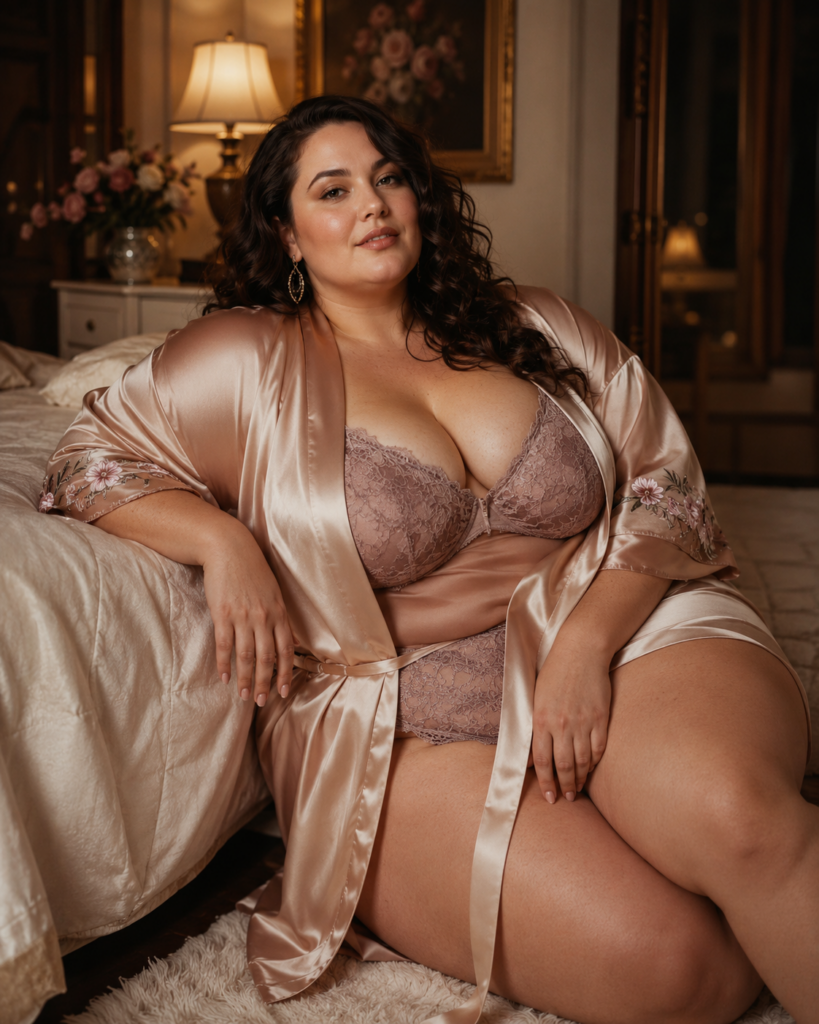 Een satijnen kimono over verfijnde lingerie geeft een luxe, romantische uitstraling en laat rondingen op een zachte manier spreken. Deze stijl sluit prachtig aan bij de polloptie rond kimono’s, robes en elegante boudoir lagen.