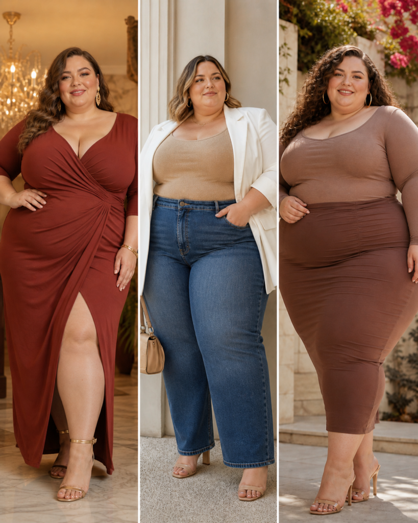Drie stijlvolle vrouwen met volle heupen, ronde vormen en een voller lichaam in flatterende outfits met zelfverzekerde uitstraling