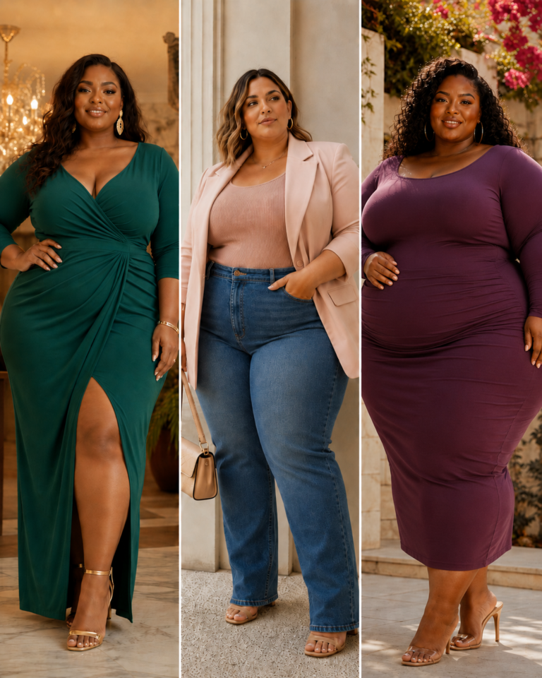 Collage met drie stijlvolle vrouwen met volle heupen en een voller vrouwelijk lichaam in verschillende flatterende date-outfits