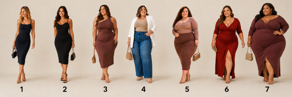Overzicht met verschillende date-outfits voor vrouwen met een voller figuur, ronde vormen en volle heupen