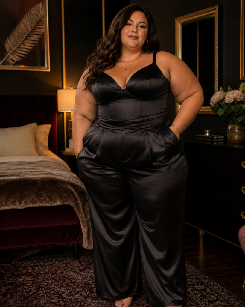 Een stijlvolle zwarte satijnen look laat zien hoe boudoir-invloeden en luxe stoffen prachtig kunnen werken bij een vol vrouwelijk lichaam. De outfit straalt kracht, elegantie en zelfvertrouwen uit en sluit mooi aan bij de poll over welke boudoir stijl het mooist is bij volle vrouwen.