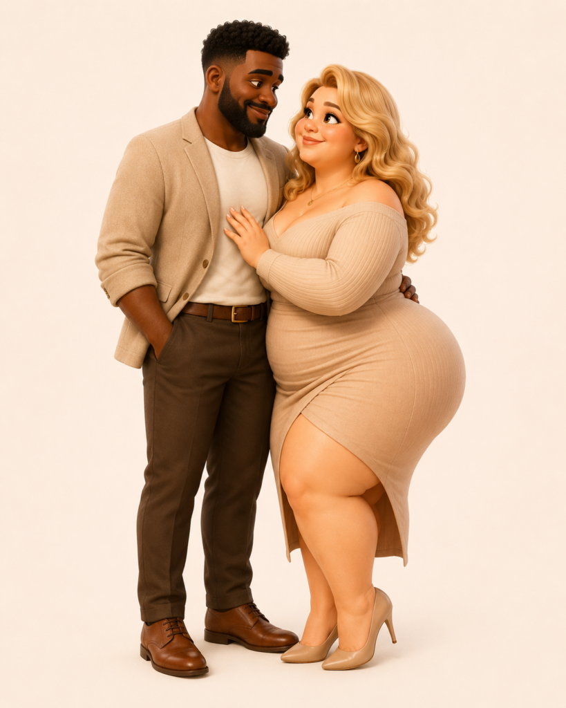 Stijlvolle donkere man en zeer volle blonde vrouw als body-positive dating avatarstel voor ZachteVonk