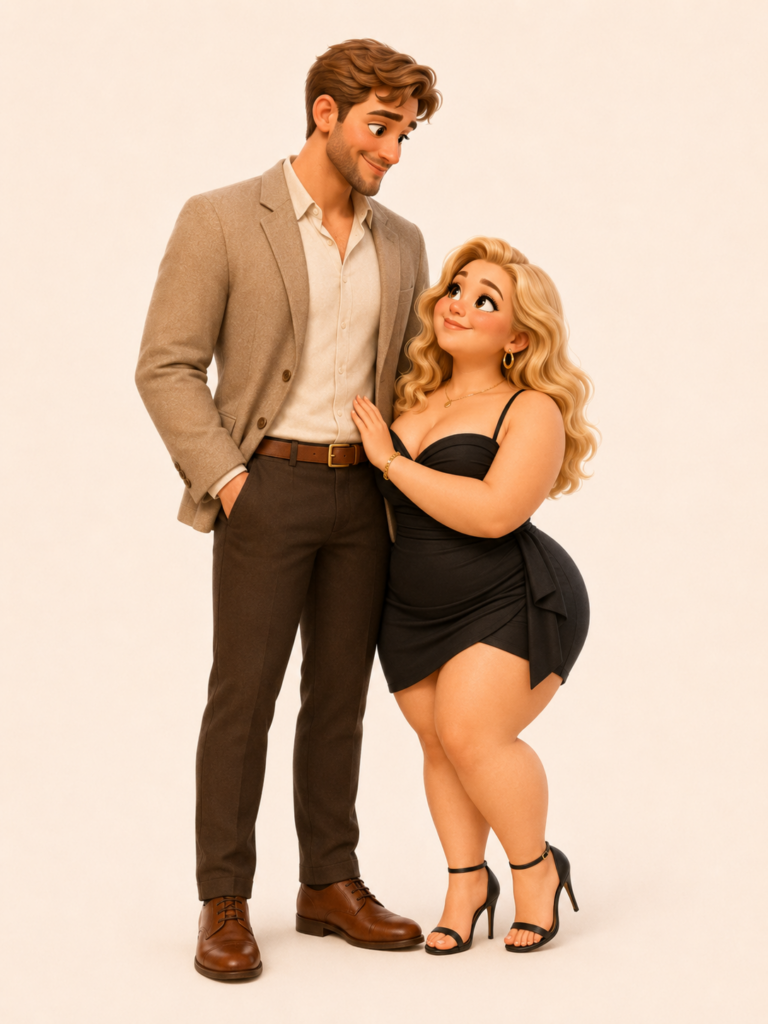 Lange stijlvolle man en kleine curvy blonde vrouw in zwarte uitgaanskleding als romantisch avatarstel voor ZachteVonk