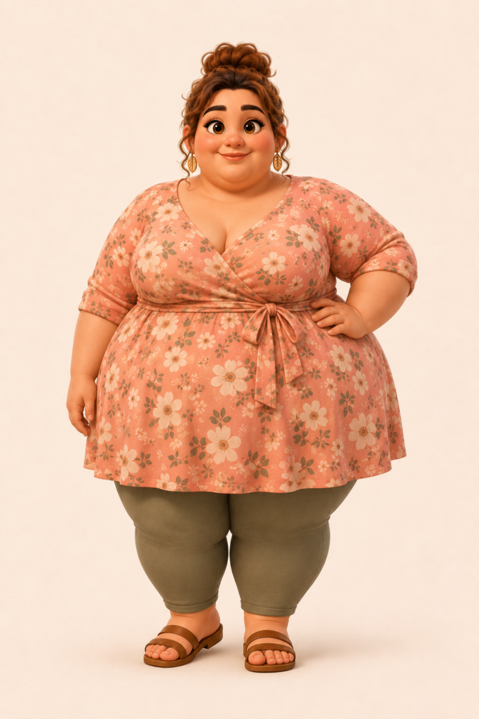 Extreem volle vrouwelijke avatar in bloemenjurk als body-positive voorbeeld voor veilig daten met avatars