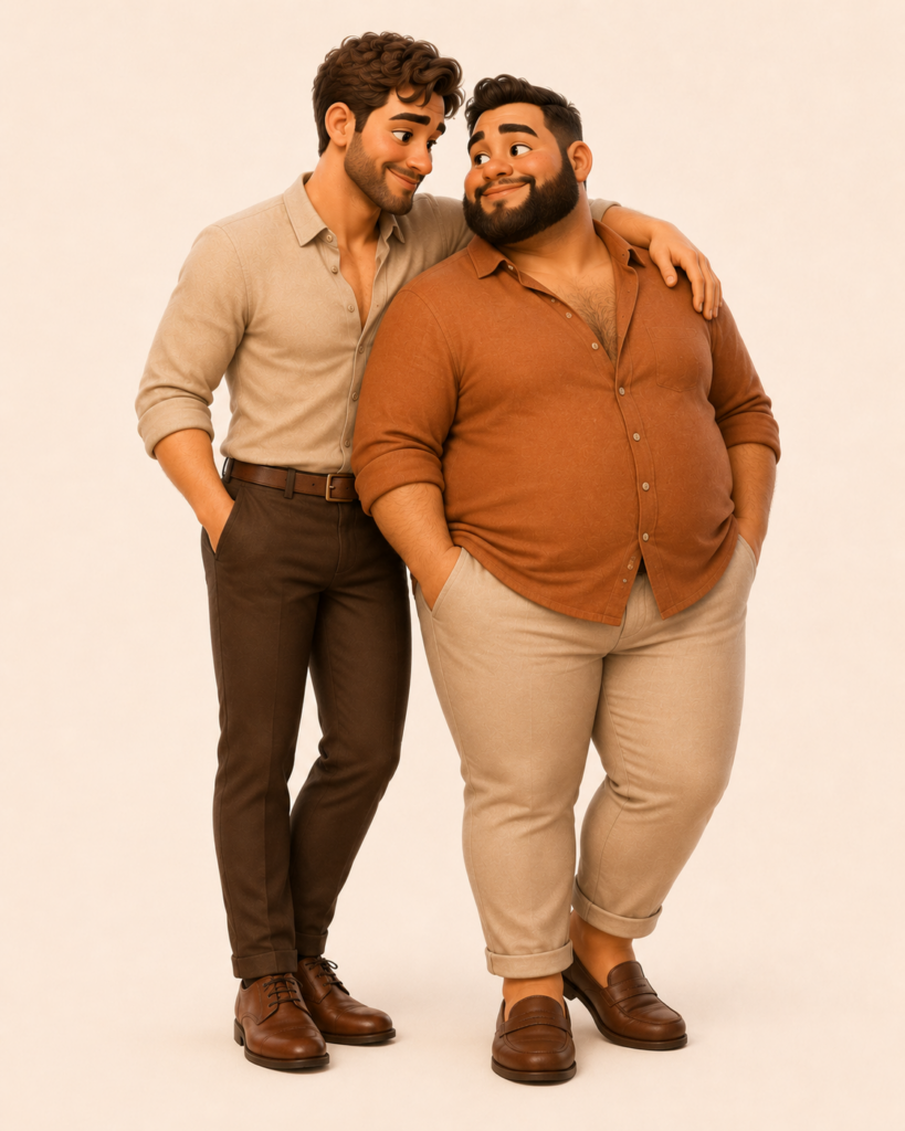 Stijlvol homo avatarstel met een slanke man en een plus-size man in elegante casual kleding voor ZachteVonk