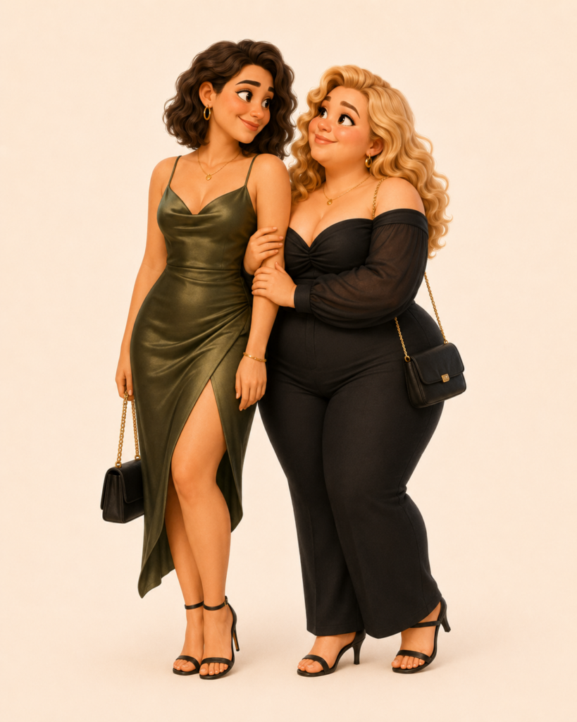 Stijlvol lesbisch avatarstel met een curvy blonde vrouw en een brunette in elegante uitgaanskleding voor ZachteVonk