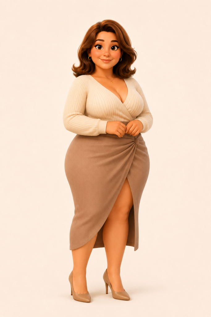 Stijlvolle plus-size vrouwelijke avatar in elegante beige outfit voor privacyvriendelijk daten op ZachteVonk