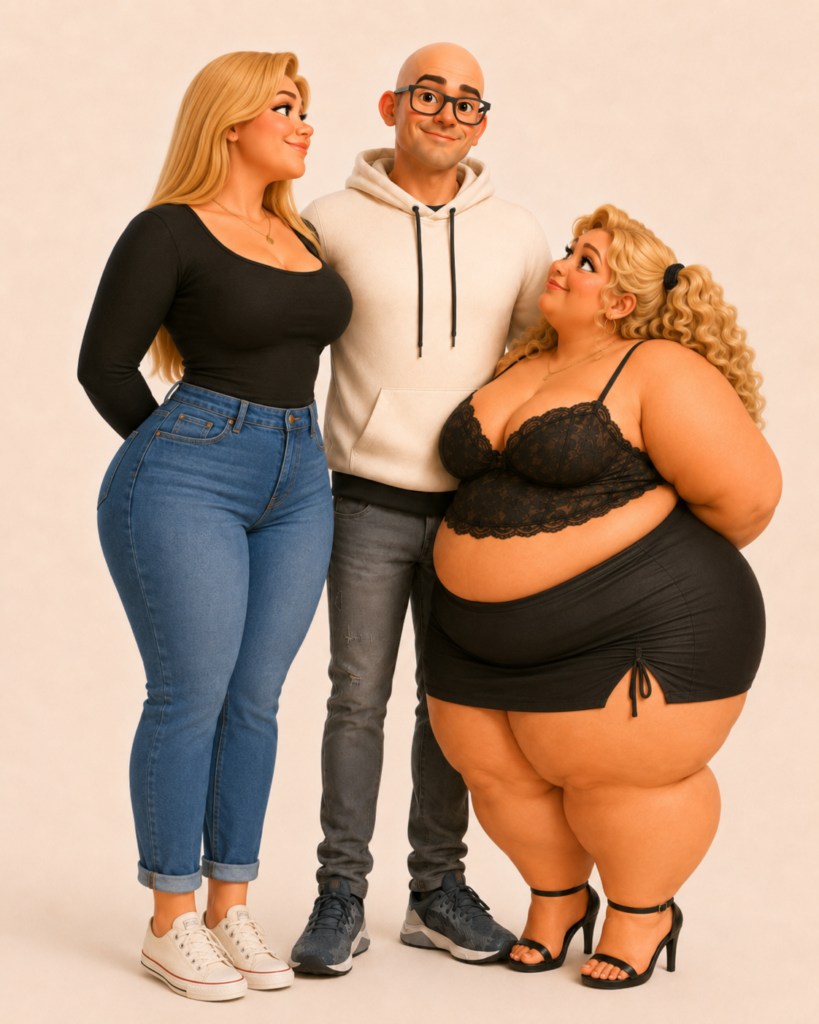 Avatartrio met een kale man met bril, een lange blonde curvy vrouw en een zeer volle blonde vrouw in zwarte date-night kleding voor ZachteVonk