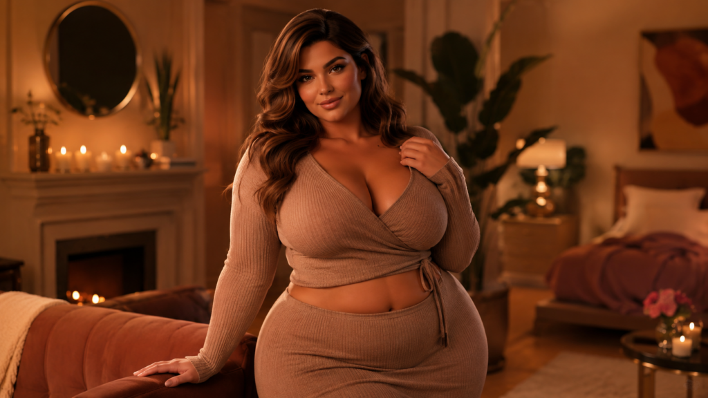 Aantrekkelijke volle vrouw in warme luxe setting voor een artikel over curvy dating en aantrekkingskracht.