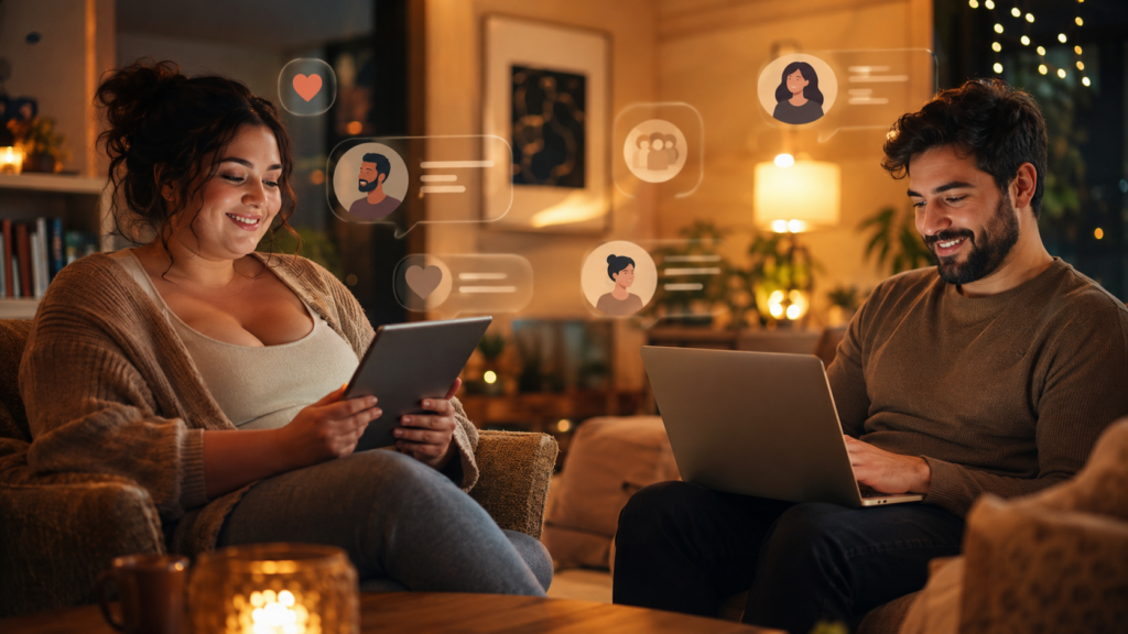 Man en volle vrouw gebruiken laptop en tablet met avatarprofielen en chatbubbels in warme kamer.
