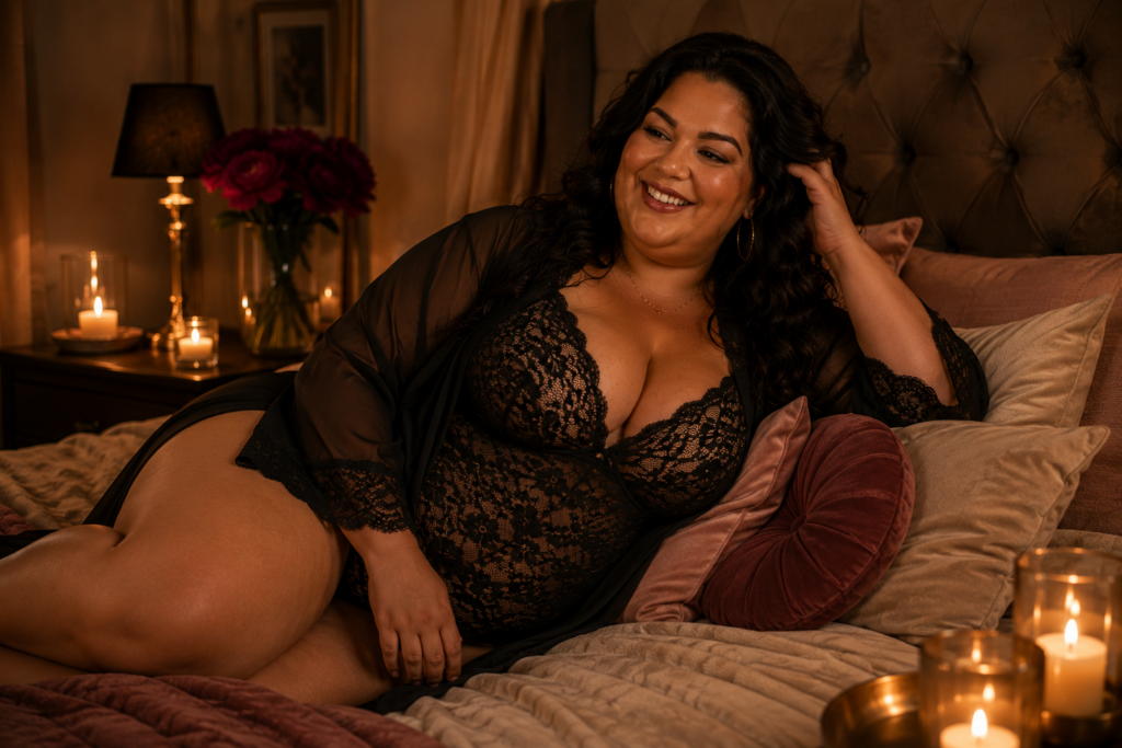 Volle vrouw glimlacht ontspannen in een warme boudoirsetting met bedekkende zwarte body en zachte robe