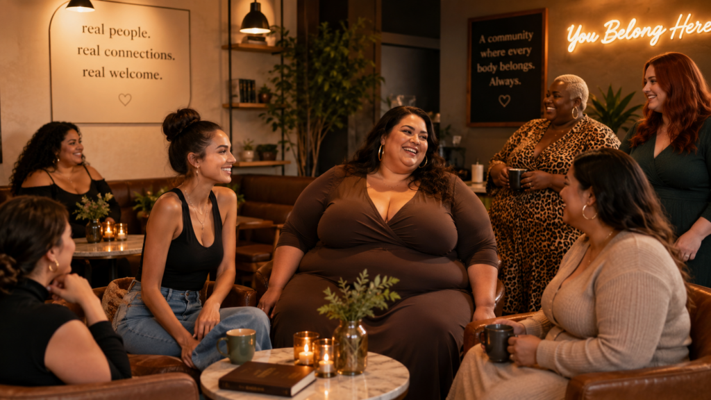 Vrouwen met verschillende lichaamstypen lachen samen in een warme body-positive communitysetting