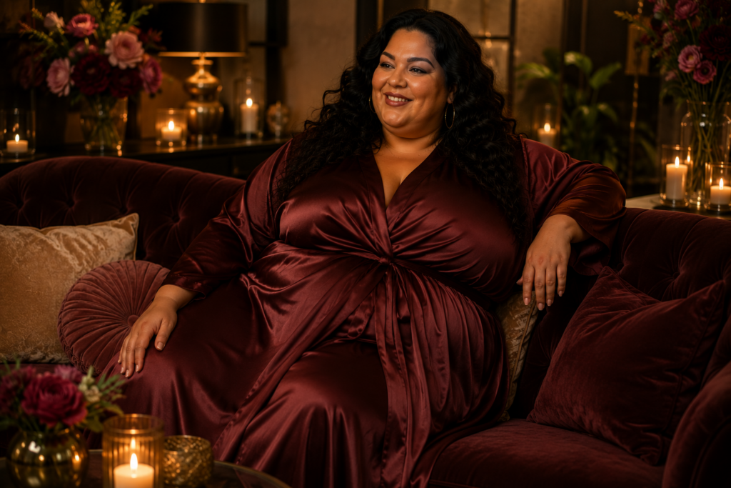 Volle vrouw zit ontspannen in een bordeauxrode satijnen robe in een warme luxe loungekamer