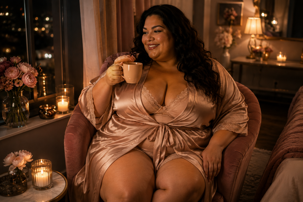 Volle vrouw zit ontspannen in een fauteuil met champagnekleurige satijnen robe en warme avondverlichting