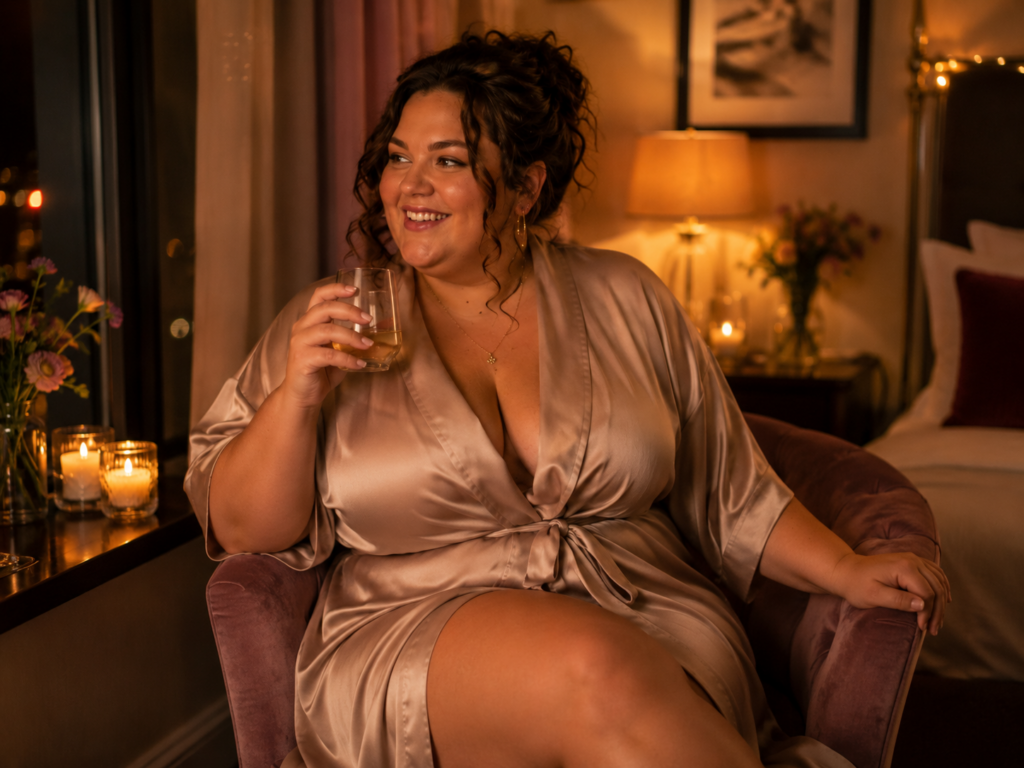 Volle vrouw glimlacht ontspannen in een champagnekleurige satijnen robe in een warme kamer
