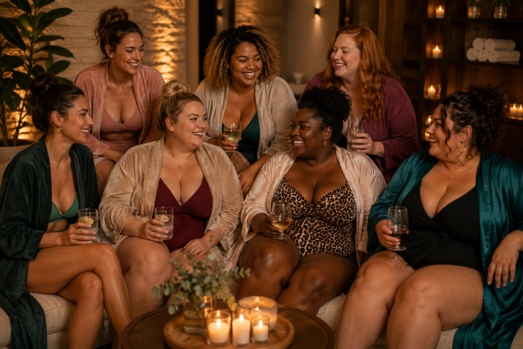 Vrouwen van verschillende lichaamstypen lachen samen en stralen zelfvertrouwen uit