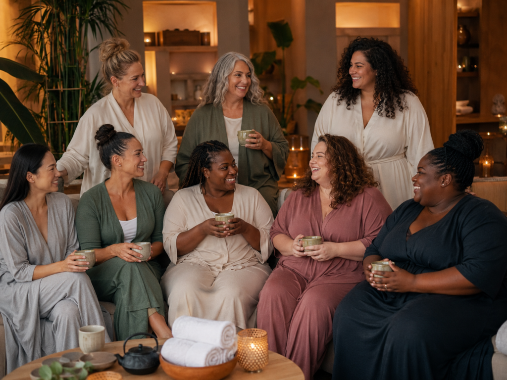 Diverse vrouwen met verschillende lichaamstypen ontspannen samen in een warme wellnesslounge