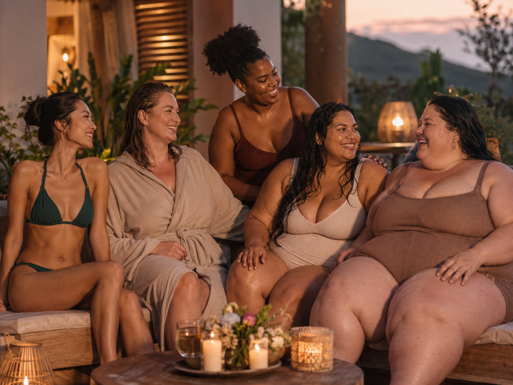 Vrouwen van verschillende lichaamstypen ontspannen samen in een spa en stralen zelfvertrouwen en body positivity uit
