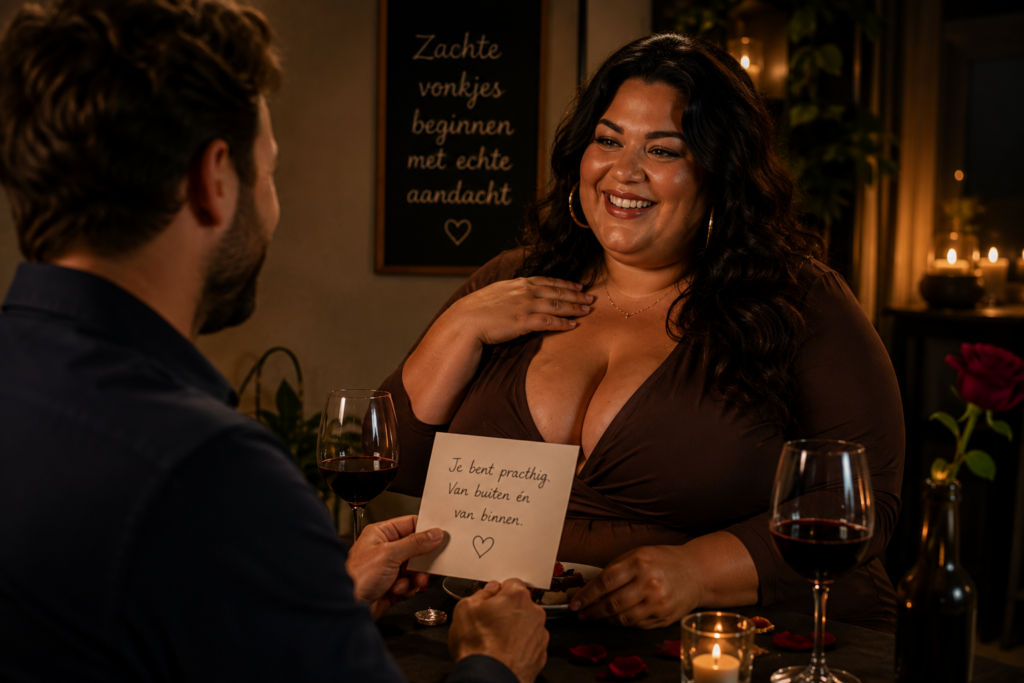 Zeer volle vrouw glimlacht tijdens een date terwijl ze een kaart met een respectvol compliment ontvangt