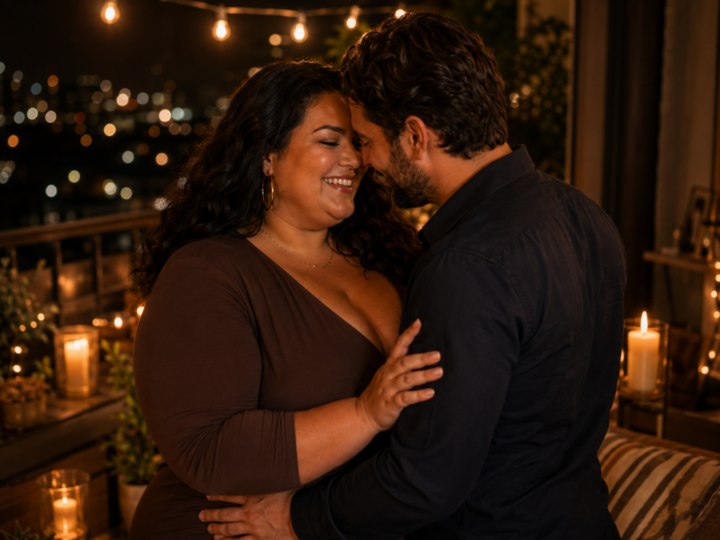 Zeer volle vrouw en man staan dicht bij elkaar op een sfeervol balkon tijdens een warme romantische avond