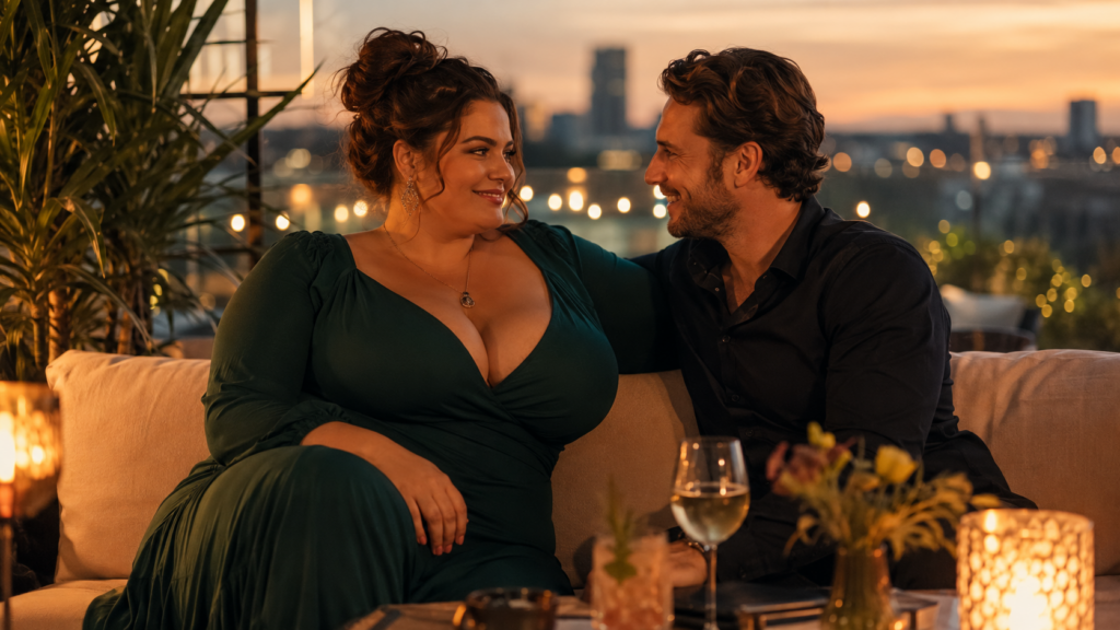 Curvy vrouw en man kijken elkaar warm aan tijdens een romantische date op een dakterras