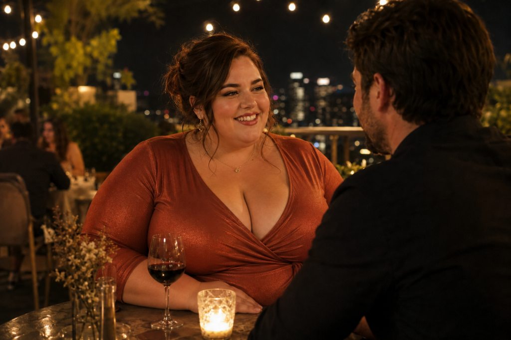 Volle vrouw en man lachen samen tijdens een warme romantische date met duidelijke chemie