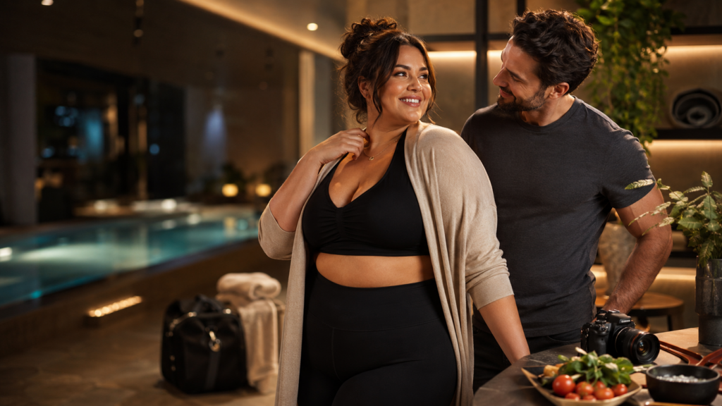 Zelfverzekerde curvy vrouw en man kijken elkaar speels aan bij een zwembad met sport- en fotografie-elementen.