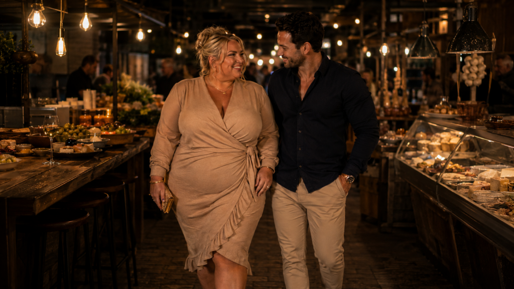 Volle vrouw en sportieve man wandelen samen door een sfeervolle foodhal tijdens een eerste date.