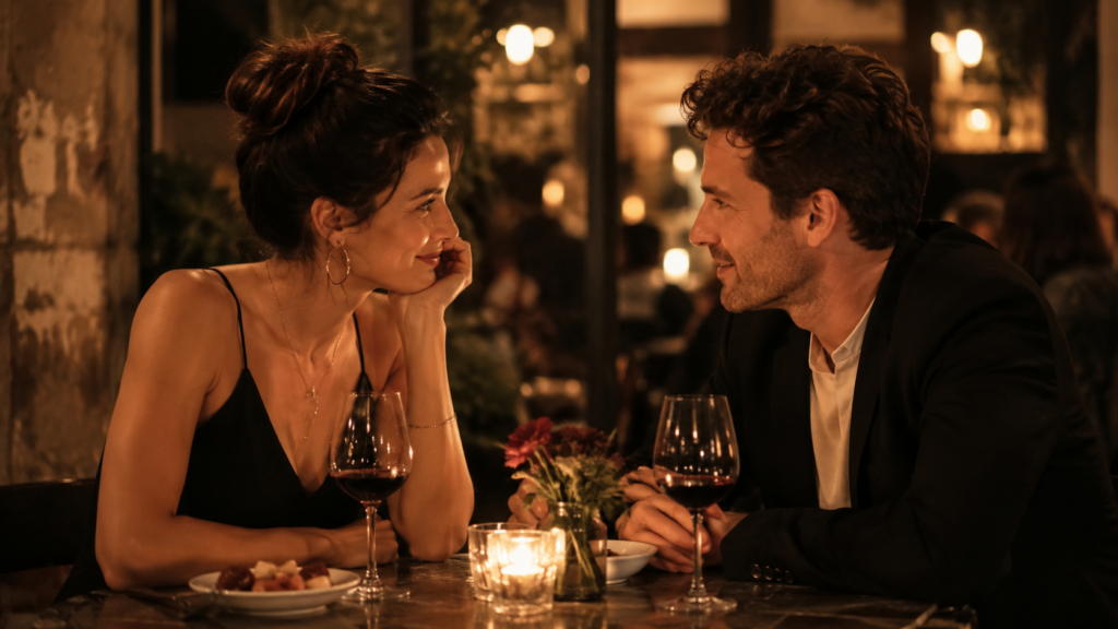Man en vrouw kijken elkaar glimlachend aan tijdens een romantische eerste date bij kaarslicht.