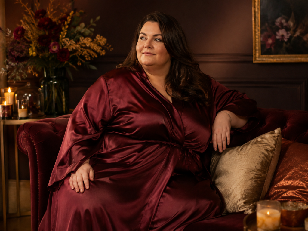 Extreem volle vrouw zit zelfverzekerd in een bordeauxrode satijnen robe in een luxe loungekamer