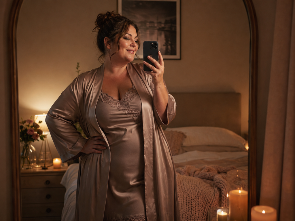Volle vrouw maakt glimlachend een spiegelselfie in een champagnekleurige satijnen robe