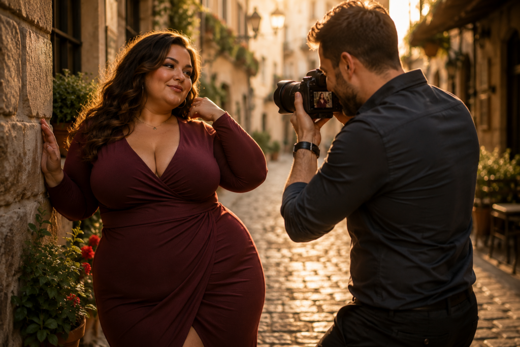 Volle brunette vrouw poseert in een sfeervolle straat terwijl haar partner een foto van haar maakt.